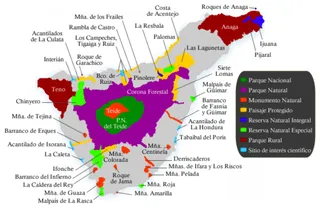 A map of Tenerife highlighting every park, reservation or natural monument. Photo source: Wikimedia Commons