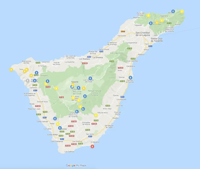 Map with hikes in Tenerife by Travelfoss